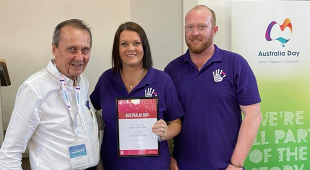 2023 Barraba Citizen of the Year winners Nick and Kim Peake with John Lee